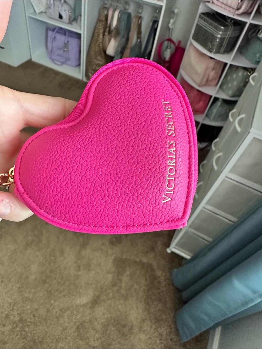 New! Victoria's Secret Hot Pink Puffy Heart Pouch Keychain